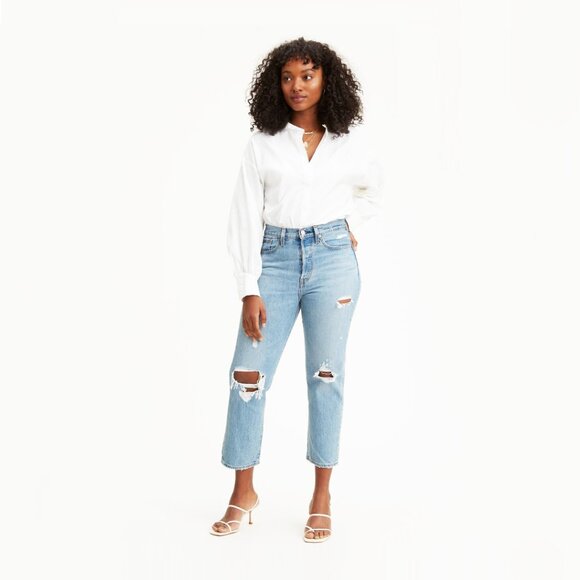 Levi's Wedgie Straight Fit High Rise Medium Wash Women Destroyed Jeans - Size 27 - Picture 1 of 14